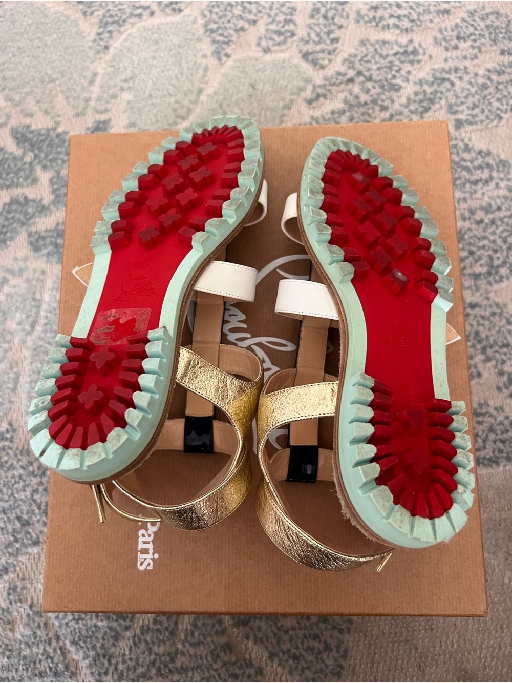 AUTHENTIC Christian Louboutin Metallic Gold Sandals with Red and Mint Outsole